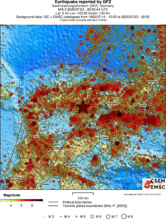 2025年7月23日印度尼西亚苏拉威西M6.3级地震EMSC区域地震活动
