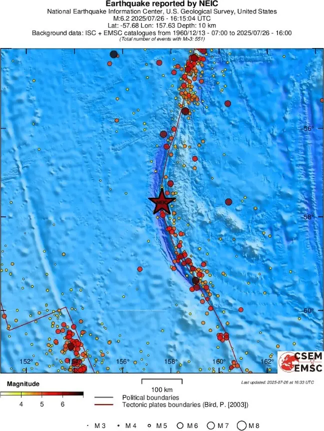 麦夸里岛地区2025年7月26日6.2级地震欧洲地中海地震中心区域地震活动图
