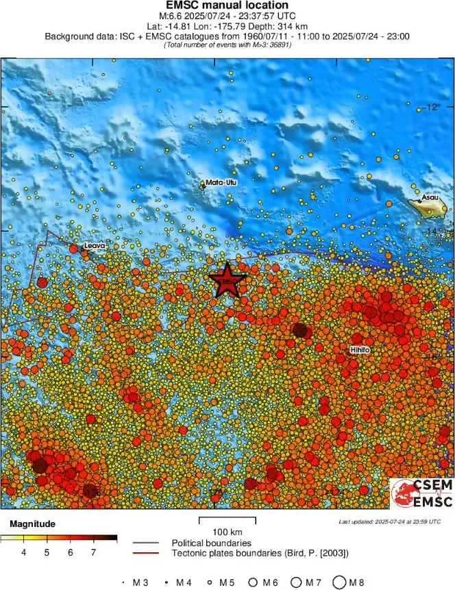 2025年7月24日萨摩亚群岛地区6.6级地震欧洲地中海地震中心区域地震活动图
