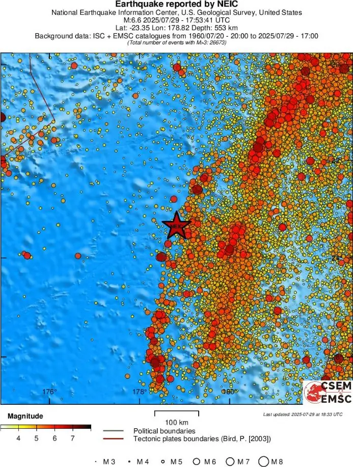 2025年7月29日斐济群岛以南6.6级地震欧洲地中海地震中心区域地震活动图