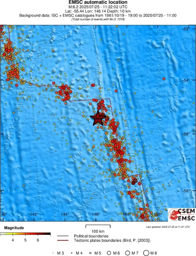 2025年7月25日麦夸里岛6.2级地震 EMSC区域地震活动图