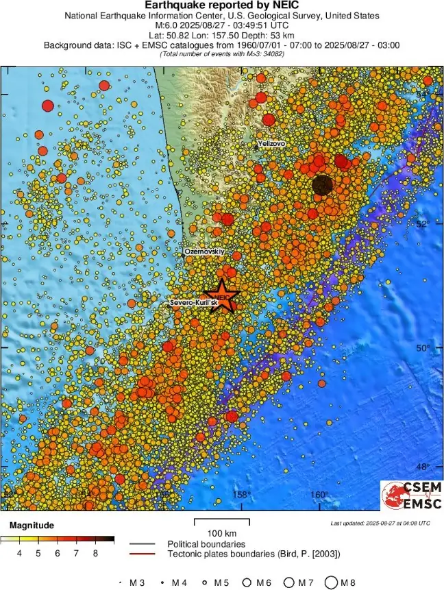 m6.0 earthquake kamchatka russia august 27 2025 emsc regional seismicity